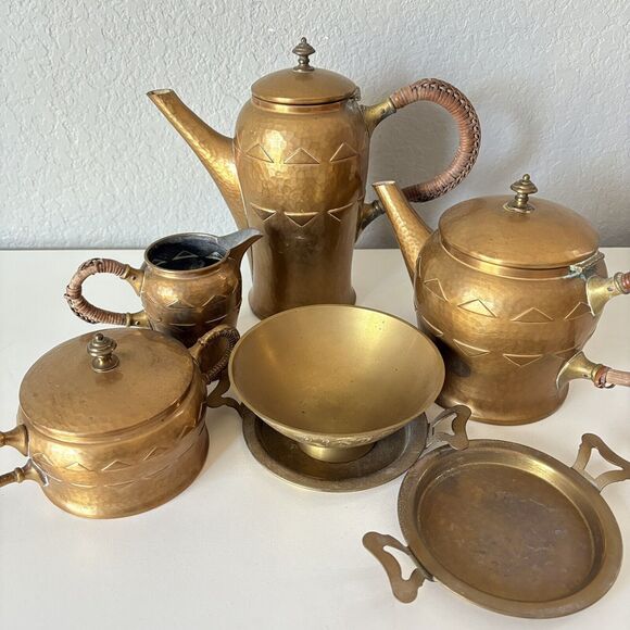 7pc Early 20th Century Hammered Brass Coffee Set by WMF Germany Teapot Milk Bowl - Picture 1 of 16